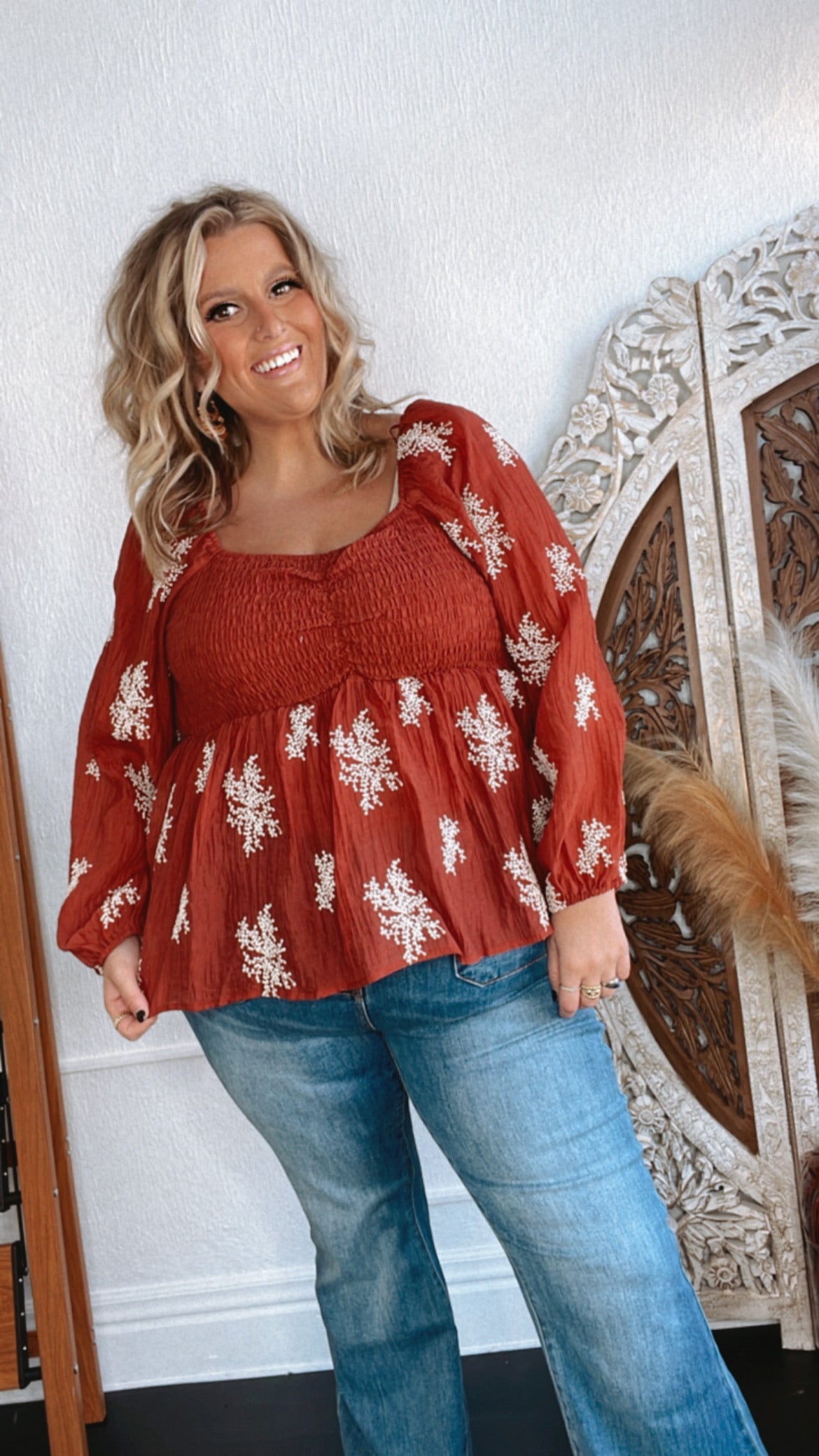 All About Details Embroidered Smocked Blouse, Rust