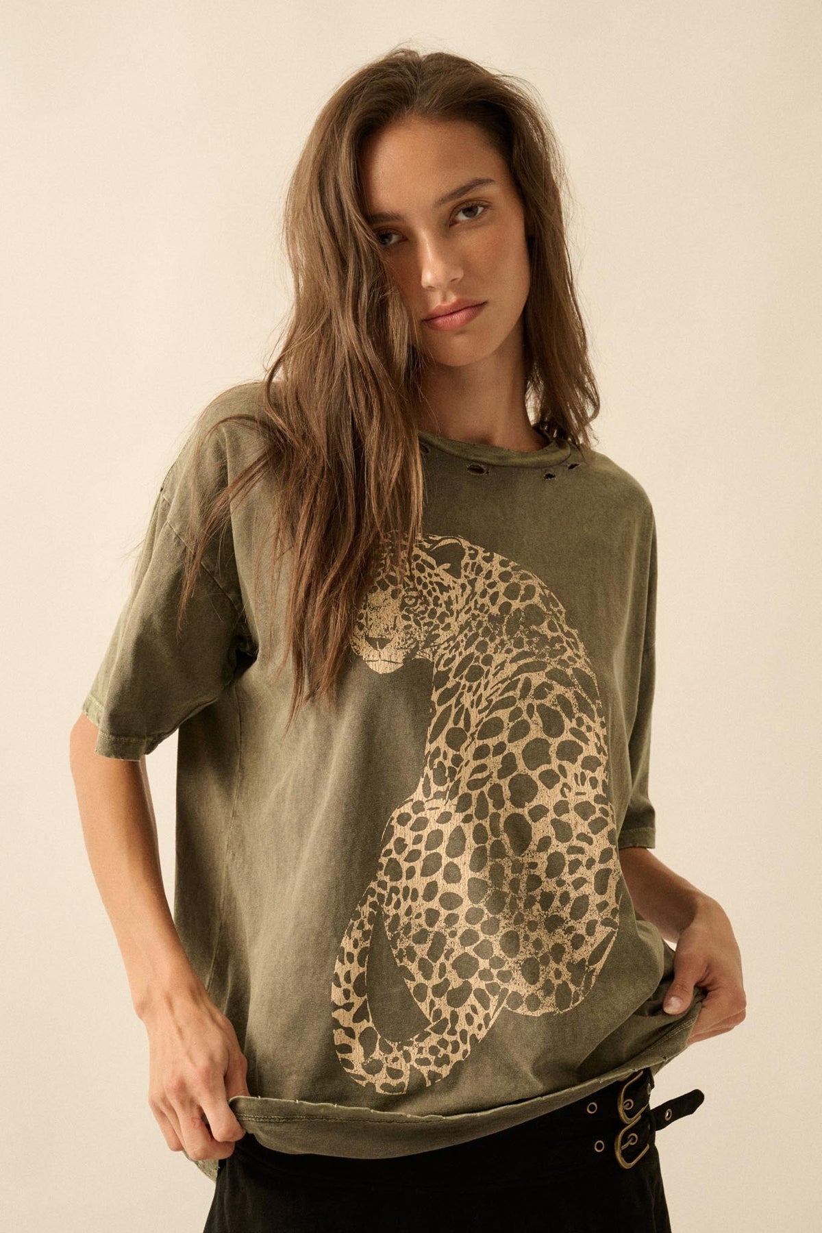 Lovely Leopard Distressed Oversize Graphic Tee