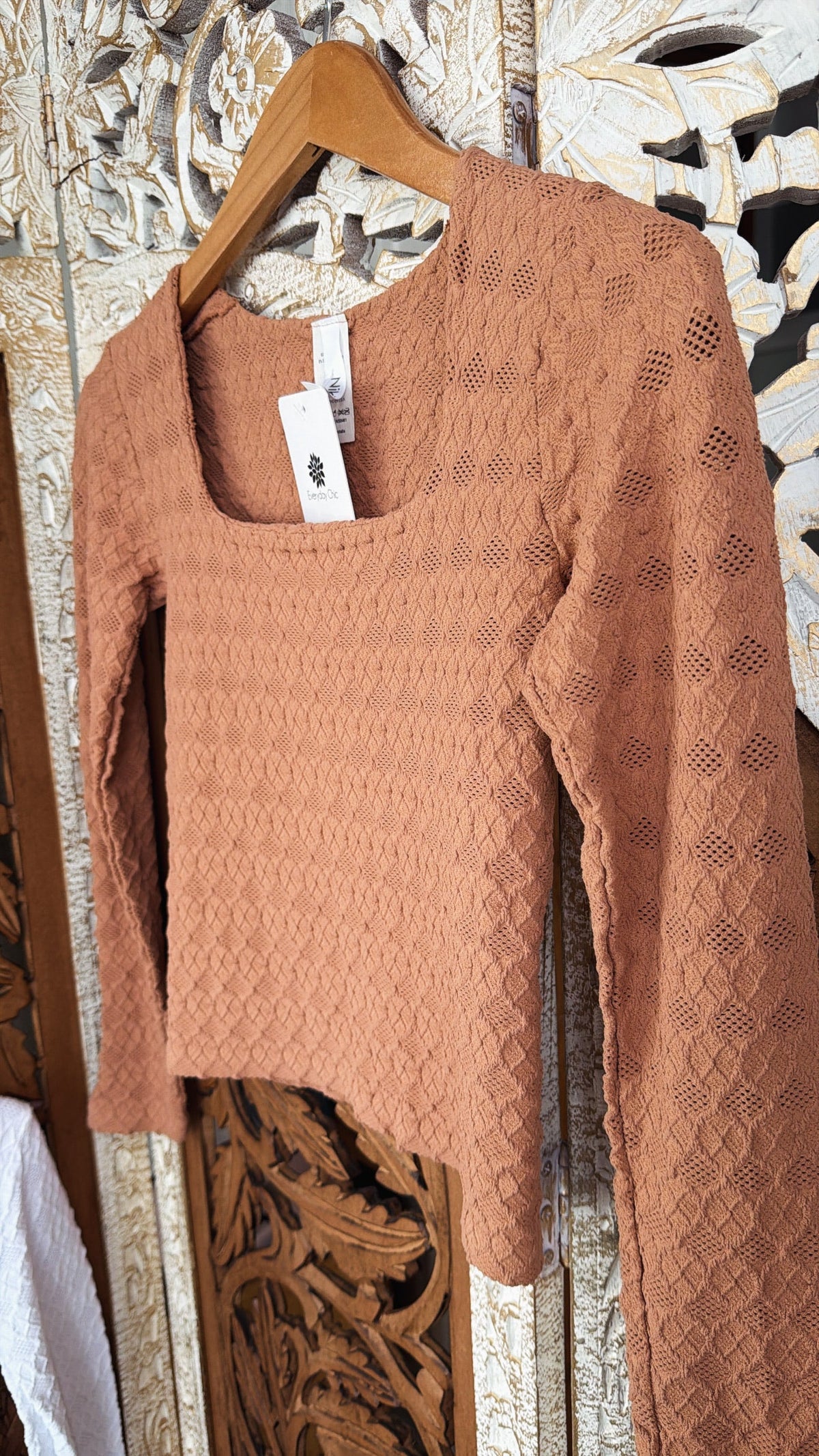 Lace Texture Square Neck Top, Mocha Muse