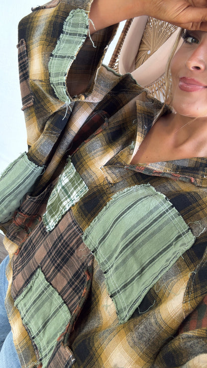 Mix It Up Patchwork Flannel Hooded Top