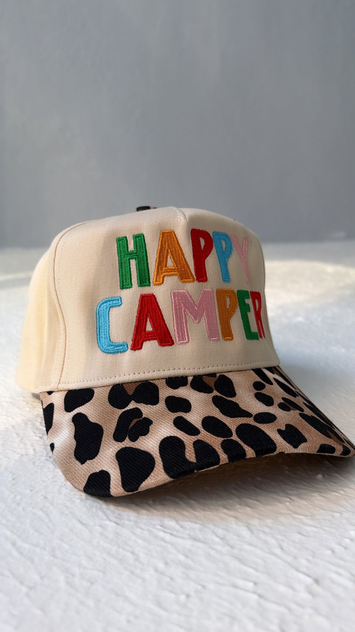 Happy Camper Leopard Trucker Hat