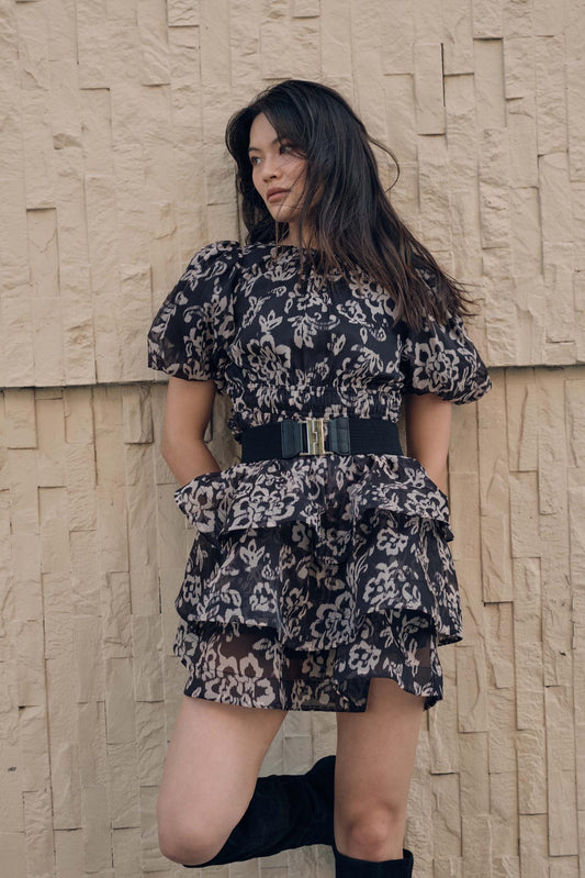 Graceful Blooms Floral Organza Tiered Mini Dress