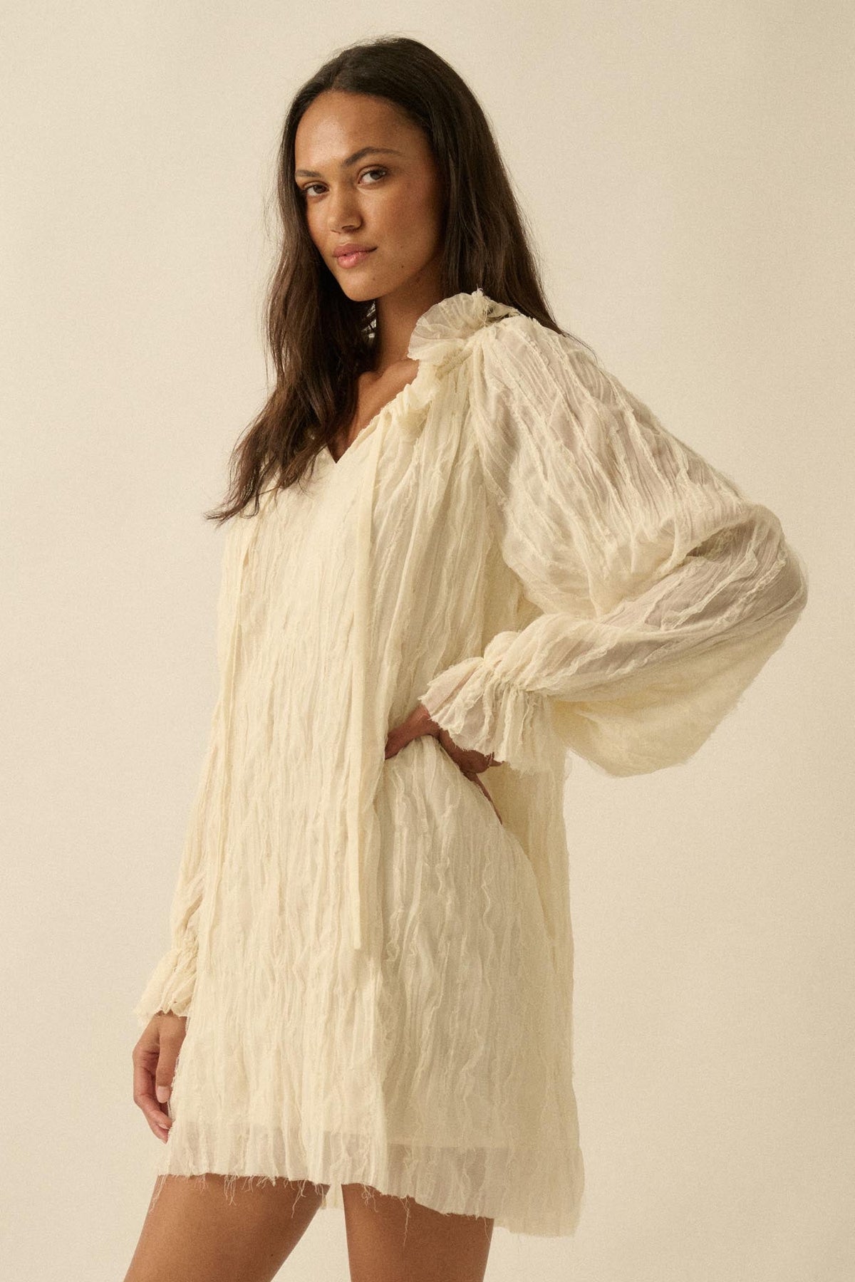 Gentle Whisper Raw-Edge Chiffon Ruffled Mini Dress