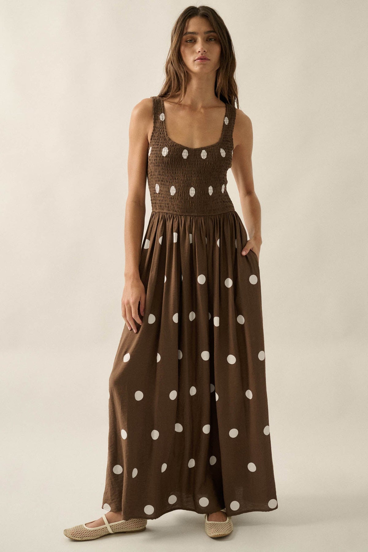Soft Spot Polka Dot Smocked Square-Neck Maxi Dress