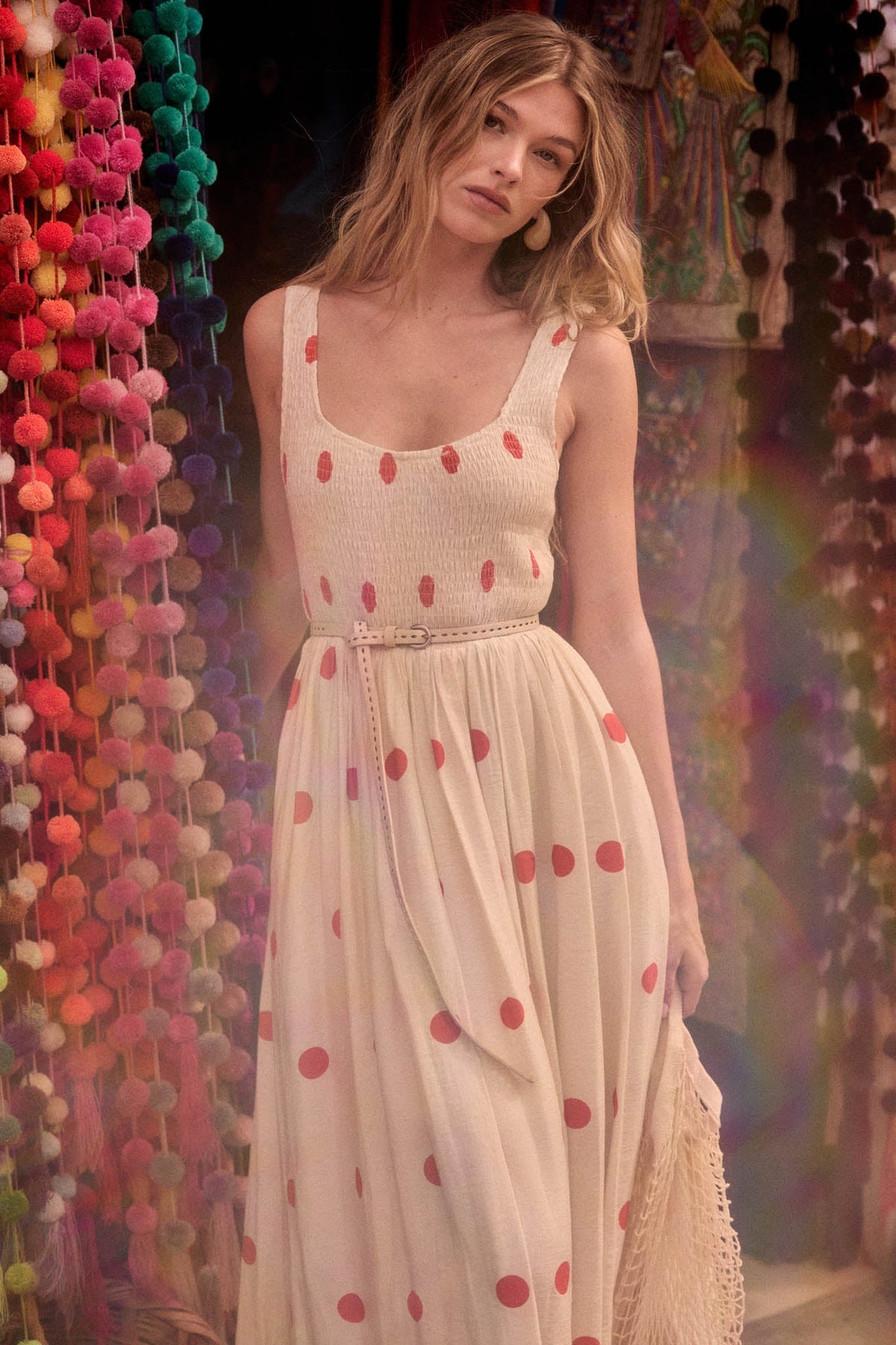 Soft Spot Polka Dot Smocked Square-Neck Maxi Dress