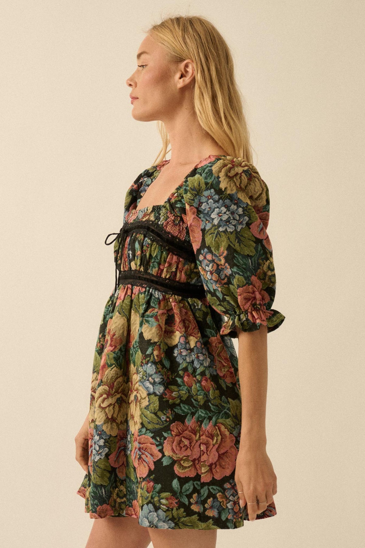 Dreamy Damask Floral Tapestry Babydoll Mini Dress