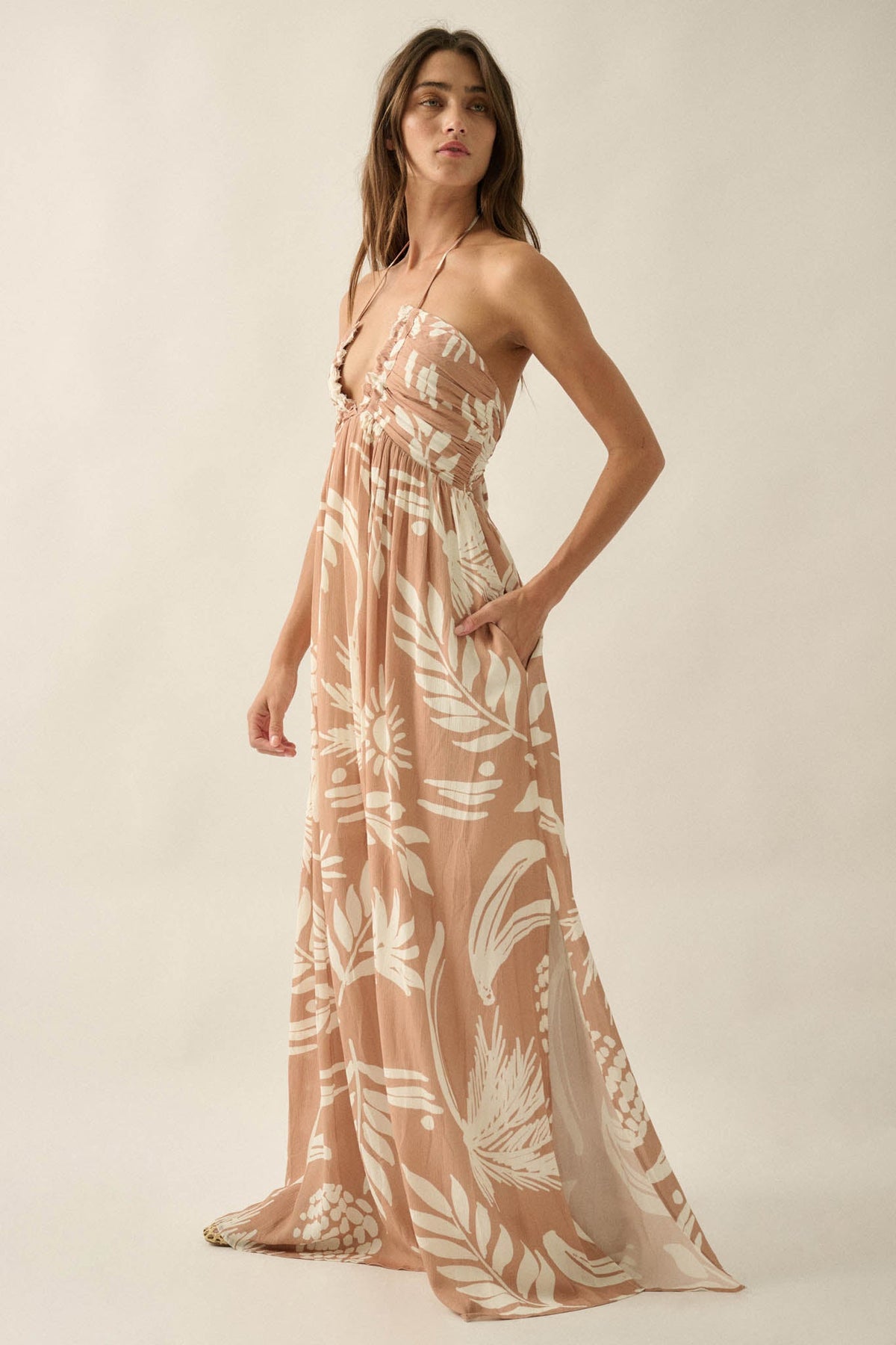 Maui Wowie Tropical-Print Tie-Back Halter Maxi Dress