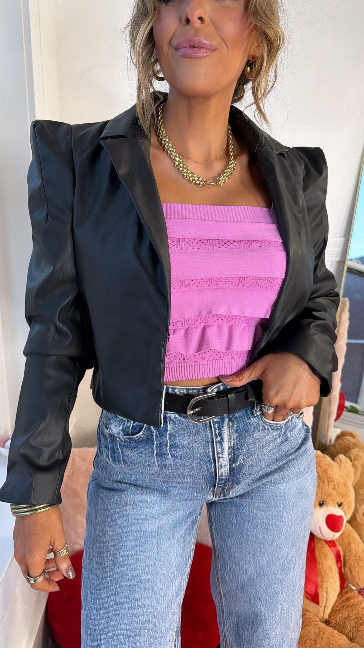 Bad Babe Cropped Leather Blazer, Black
