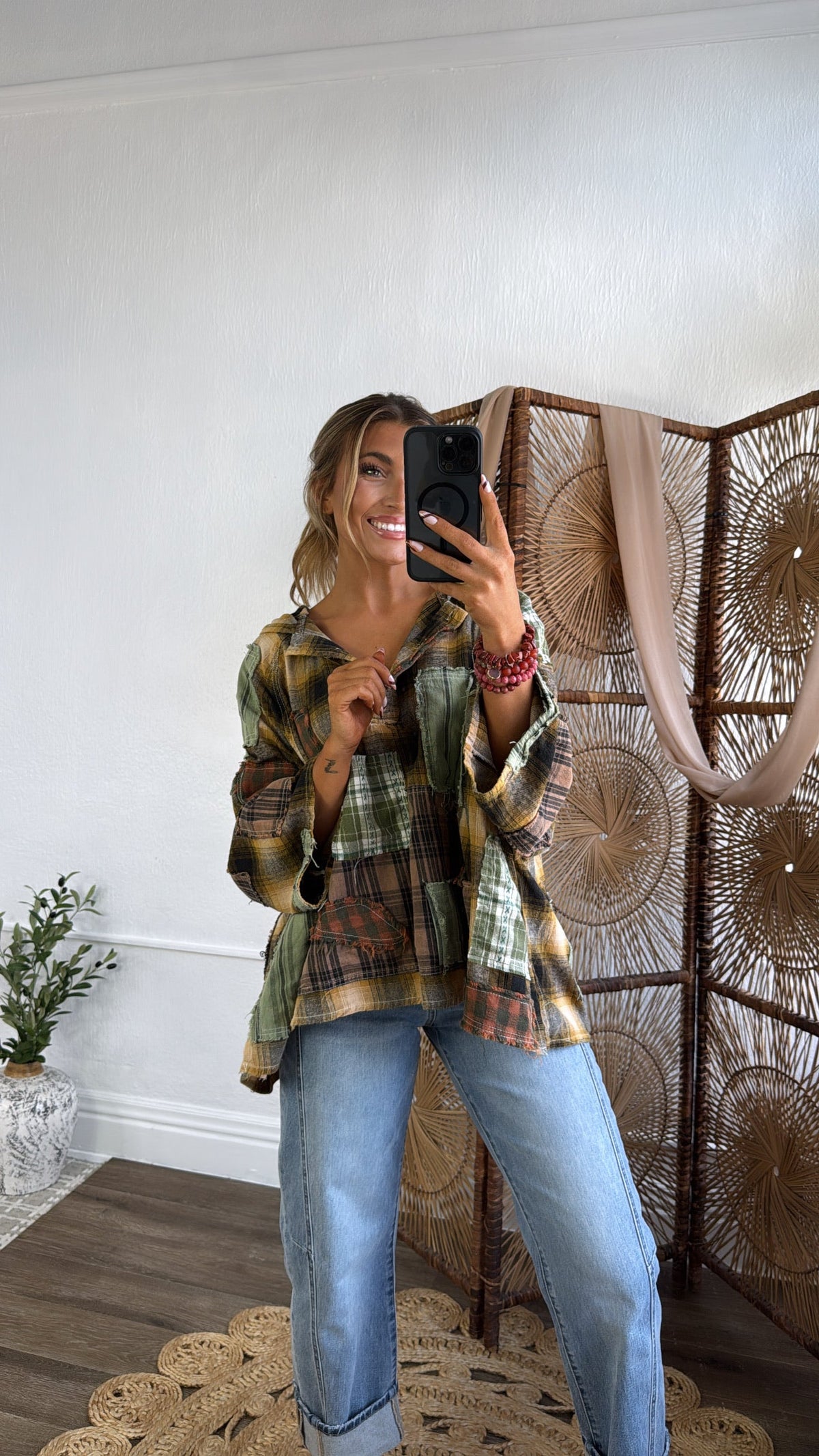 Mix It Up Patchwork Flannel Hooded Top