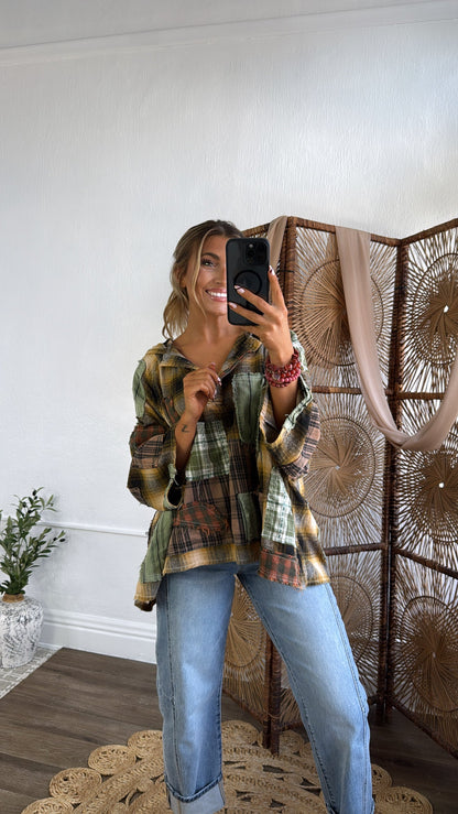 Mix It Up Patchwork Flannel Hooded Top