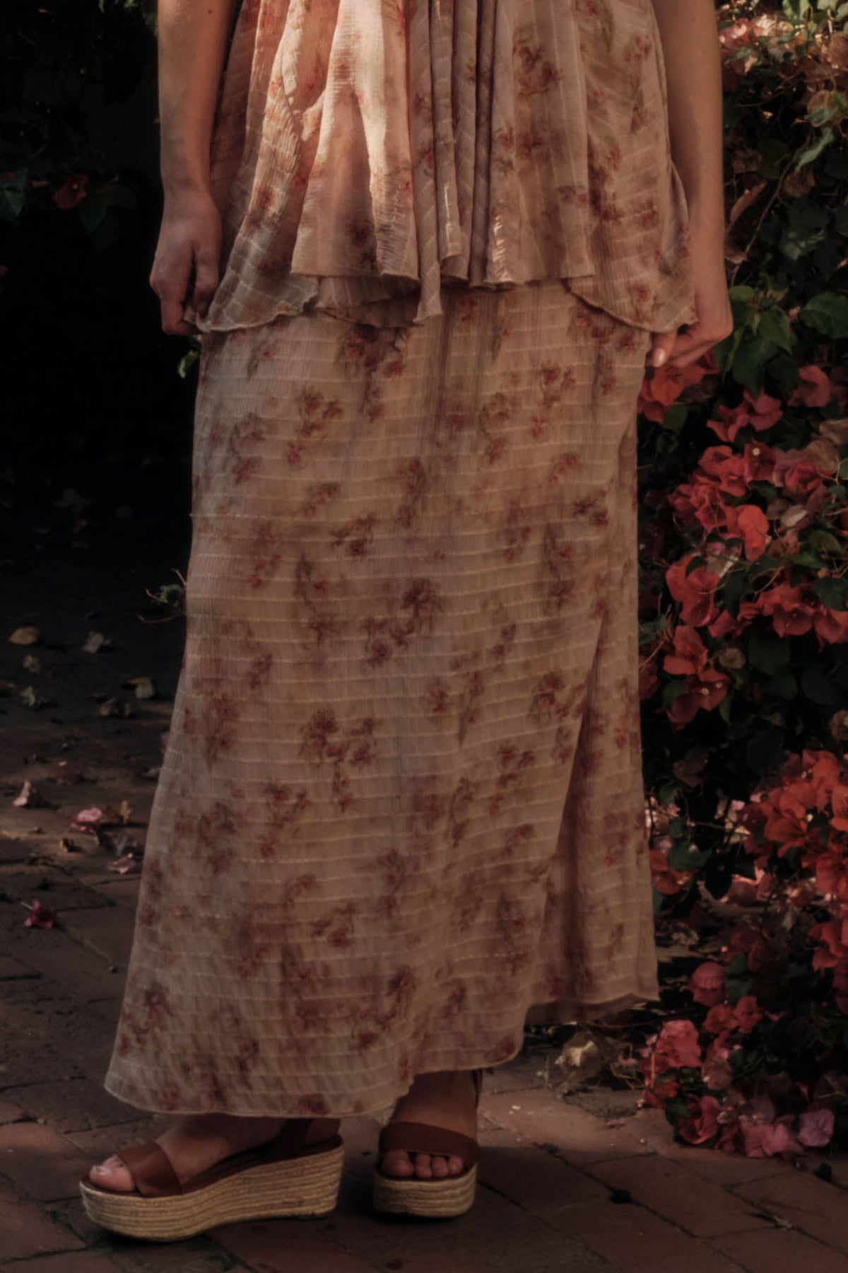 Blooming Meadow Striped Floral Chiffon Maxi Skirt