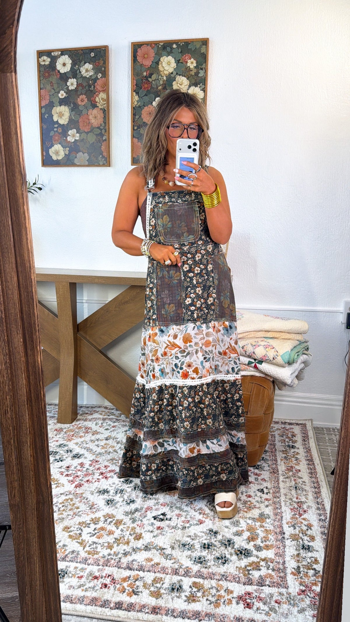 Blush Field Overall Dress, Olive Multi