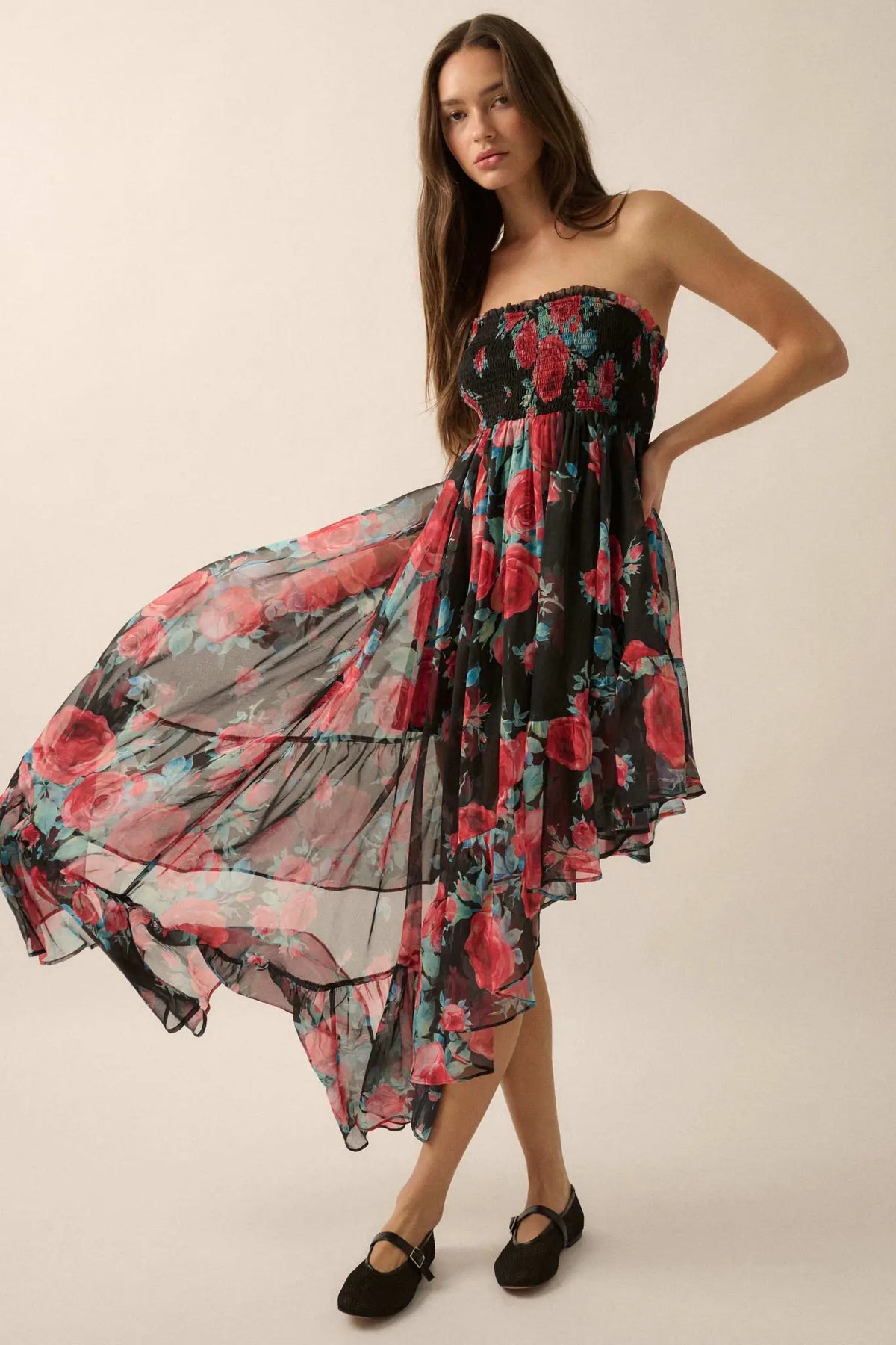 Rose Bouquet Strapless Asymmetrical Floral Dress