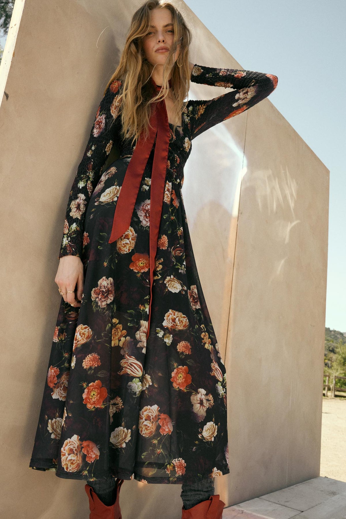 Antique Garden Floral Mesh Smocked Midi Dress