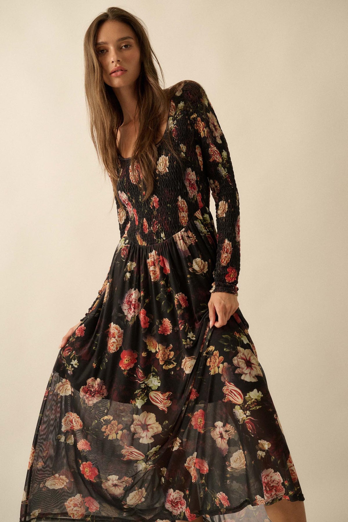 Antique Garden Floral Mesh Smocked Midi Dress
