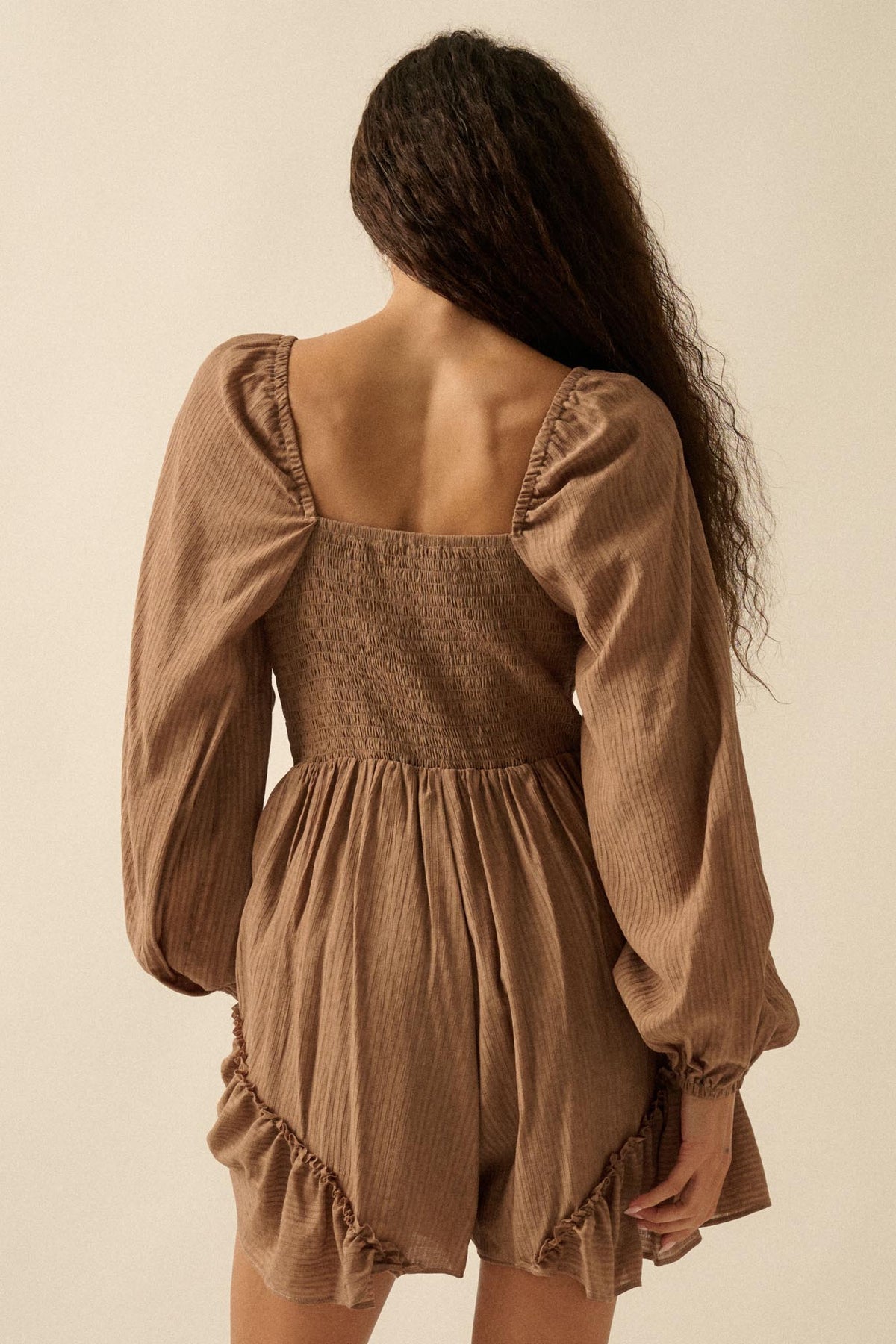 Lost in Love Tie-Front Ruffled Peasant Romper