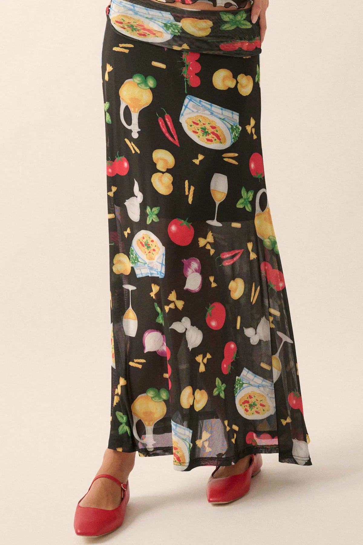 Molto Delizioso Printed Mesh Foldover Maxi Skirt