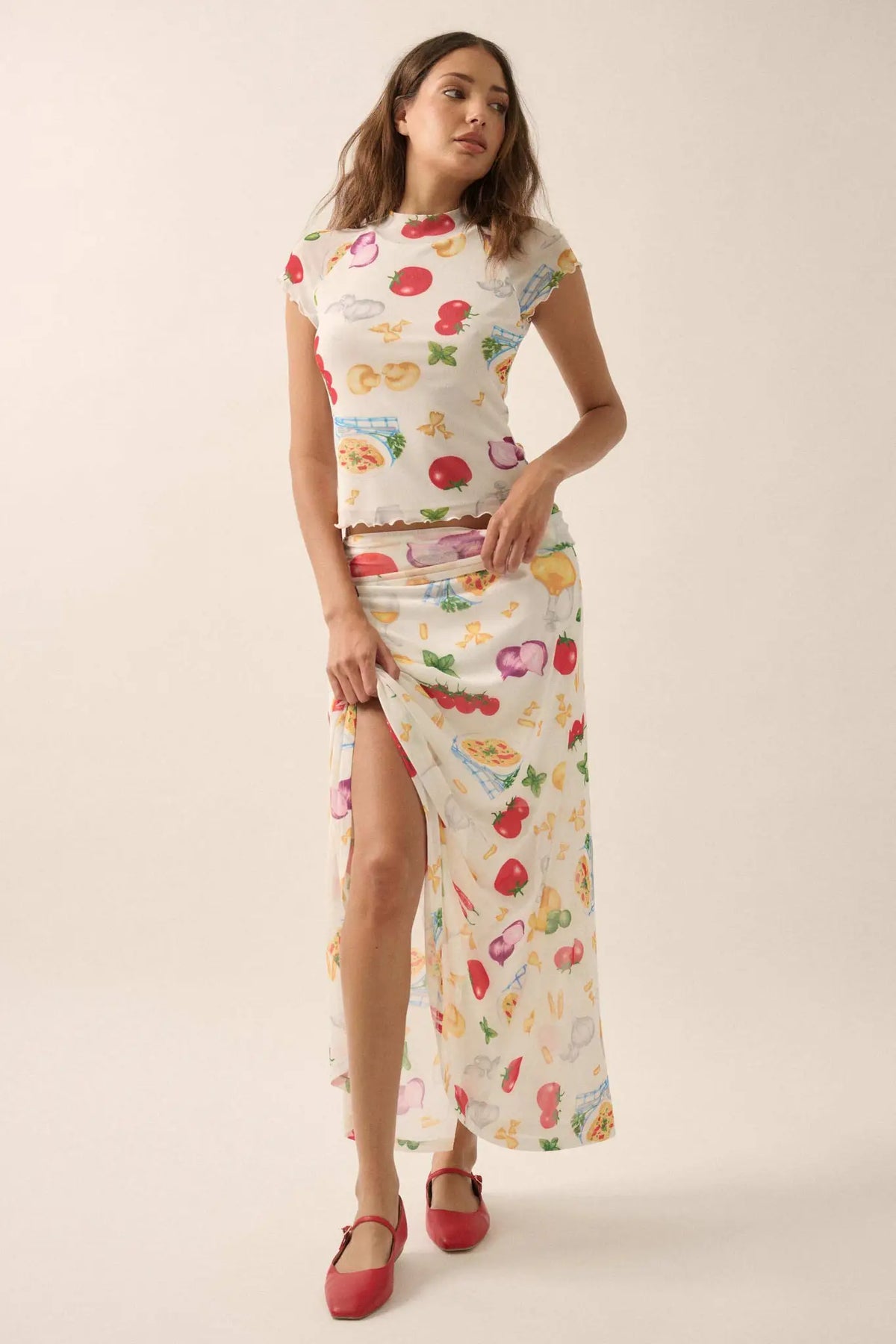 Molto Delizioso Printed Mesh Foldover Maxi Skirt