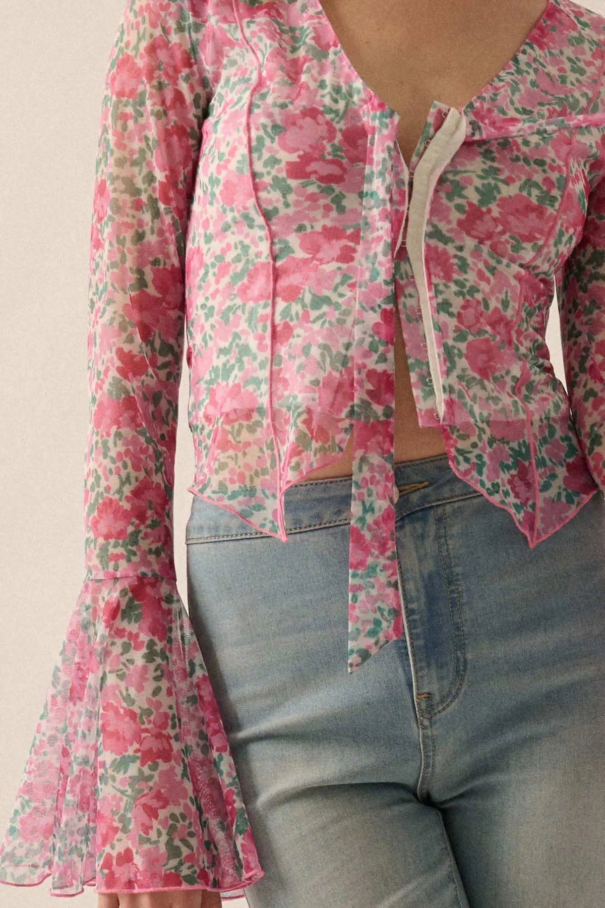 Fabulous Flowers Floral-Print Mesh Bell-Sleeve Top
