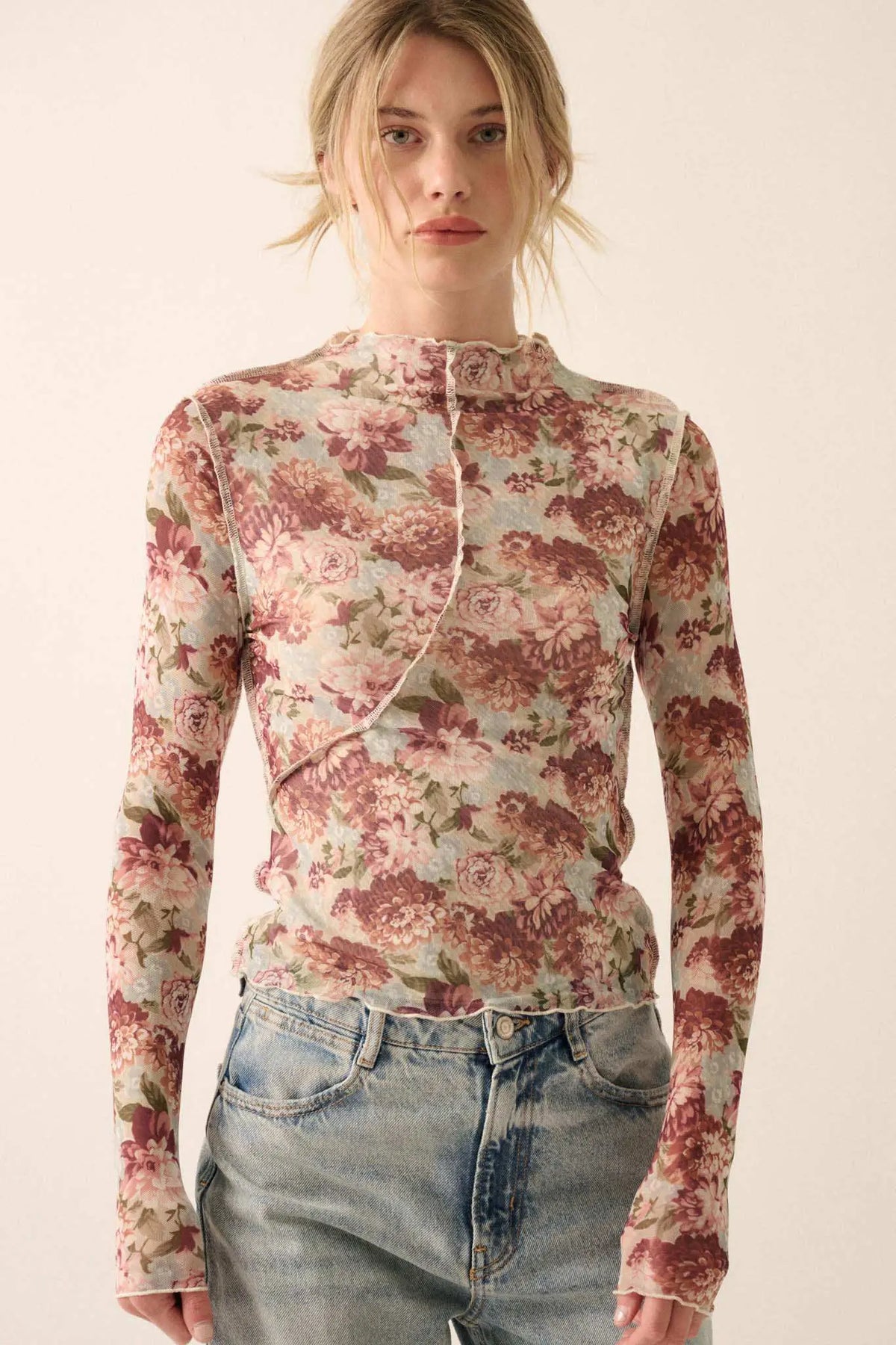 Delicate Blooms Floral Mesh Exposed-Seam Top
