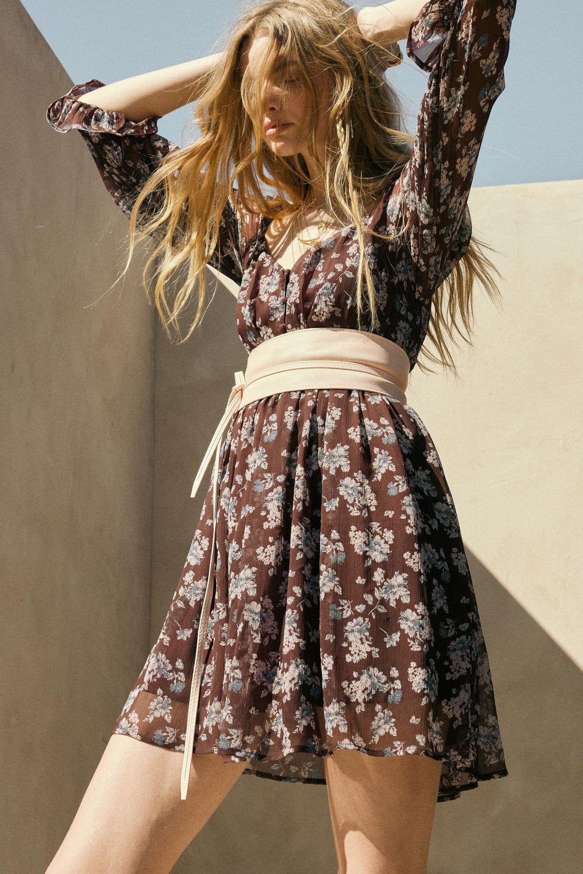 Blooming Fields Floral Chiffon Peasant Mini Dress