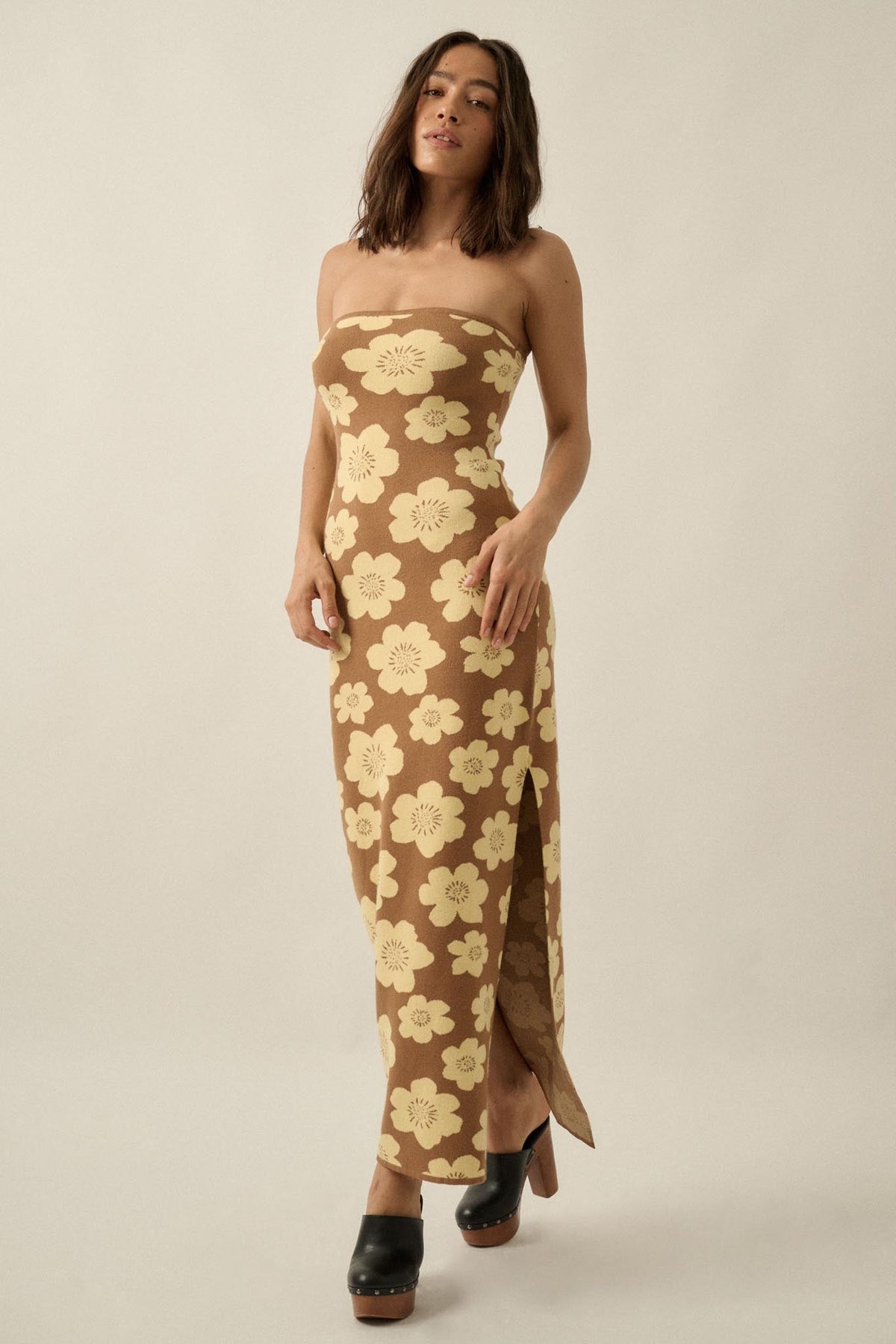 Buzzy Blooms Floral Strapless Maxi Sweater Dress