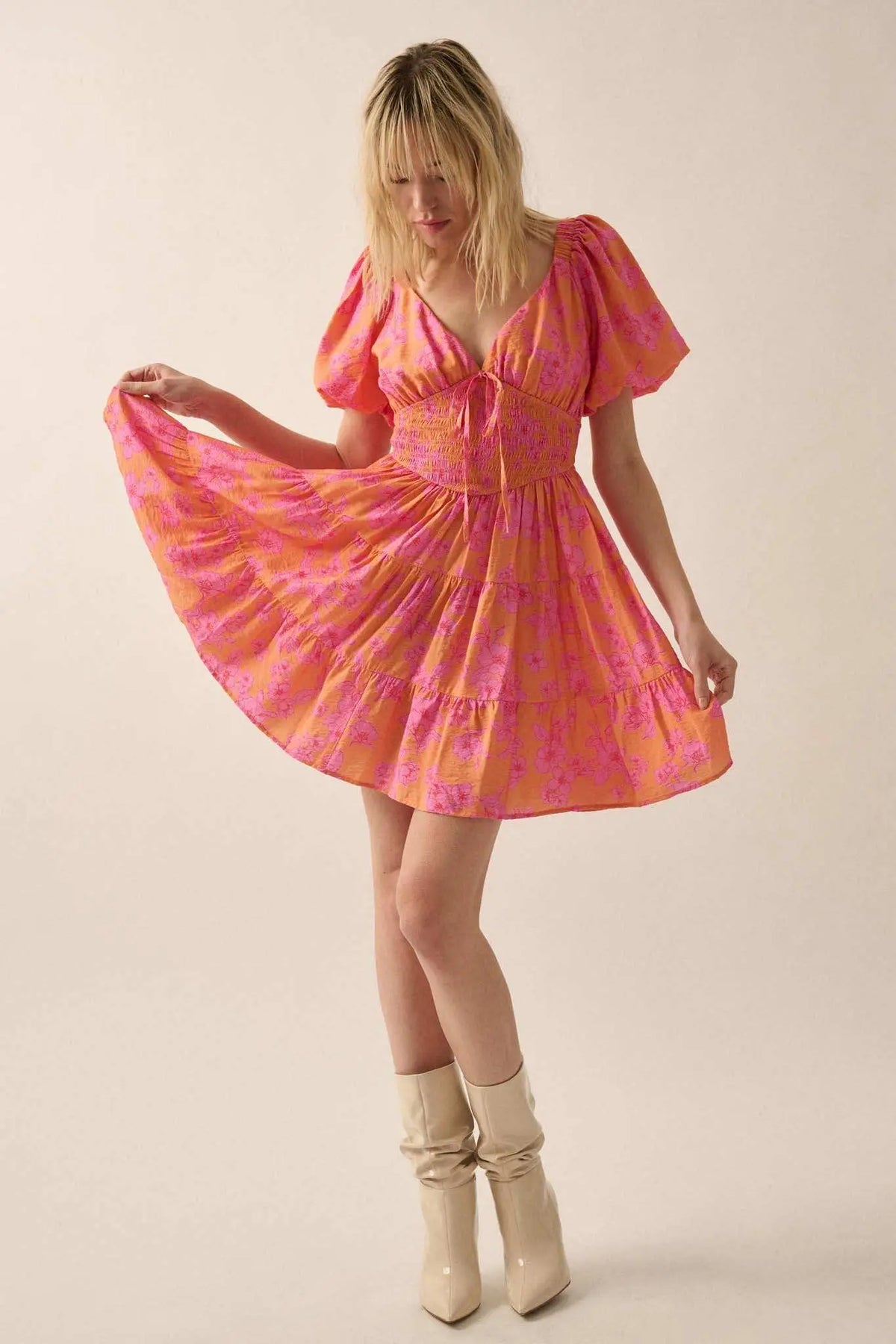 Morning Bloom Floral Puff-Sleeve Tiered Mini Dress