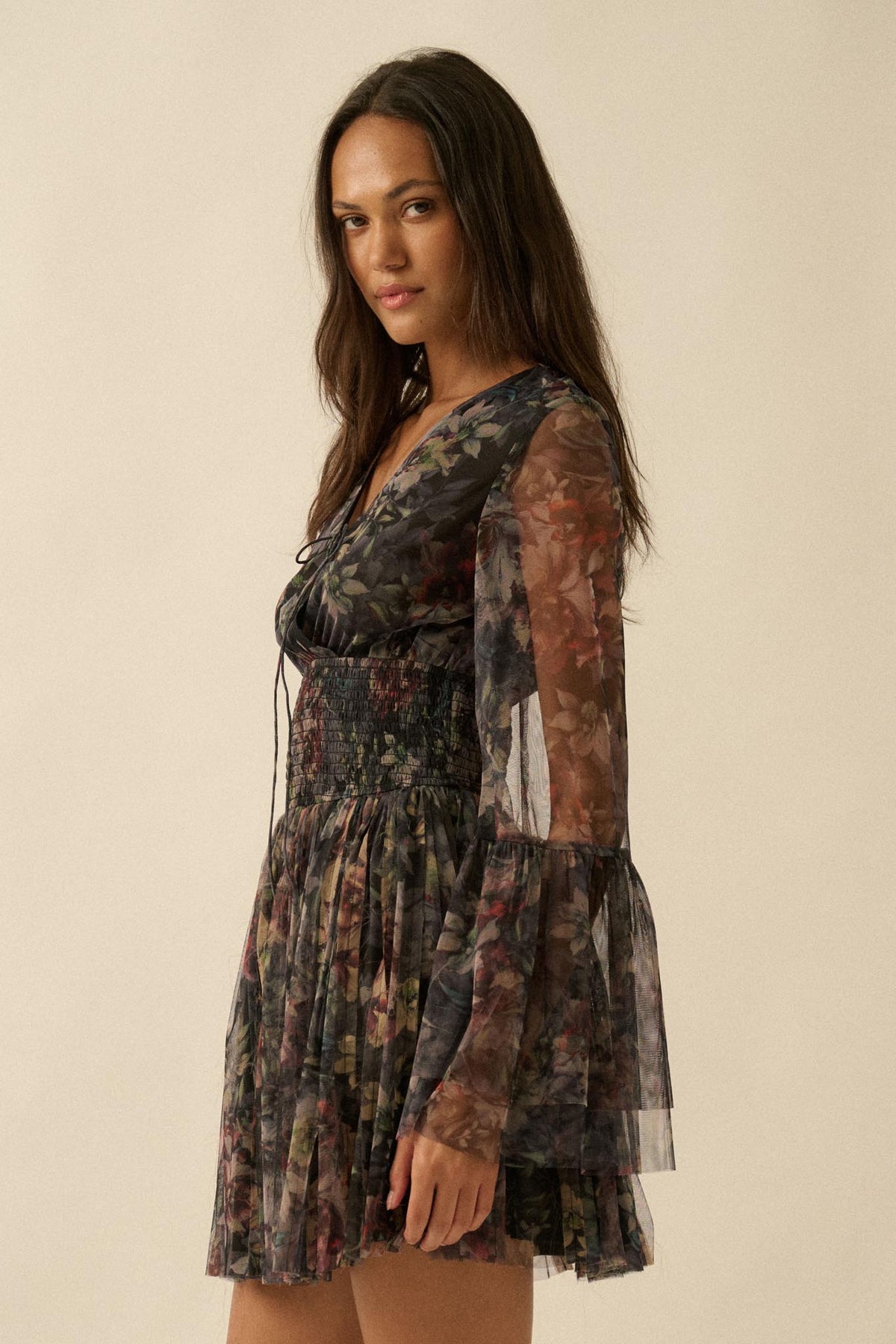 Pure Bliss Layered Floral Tulle Pleated Mini Dress
