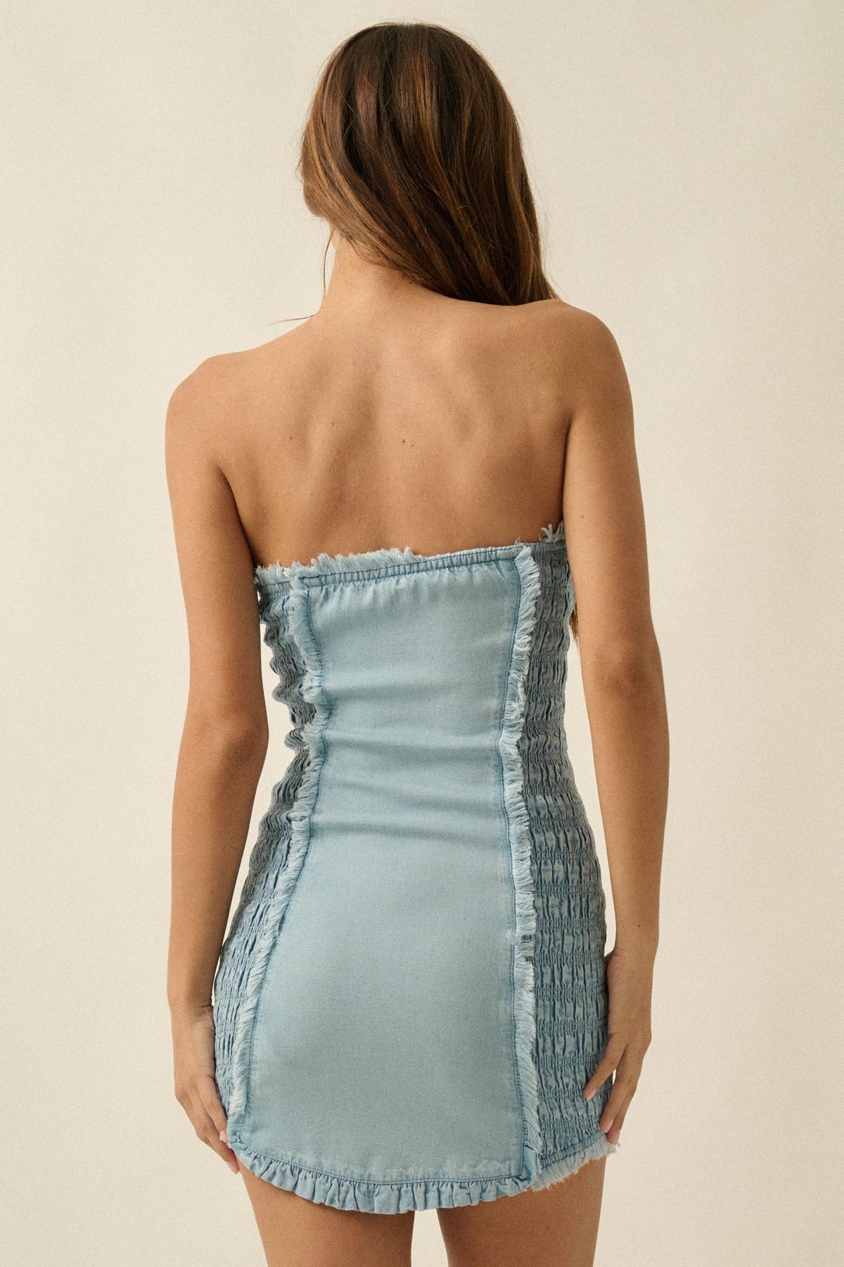 Blue Crush Denim Ruffled Strapless Mini Dress
