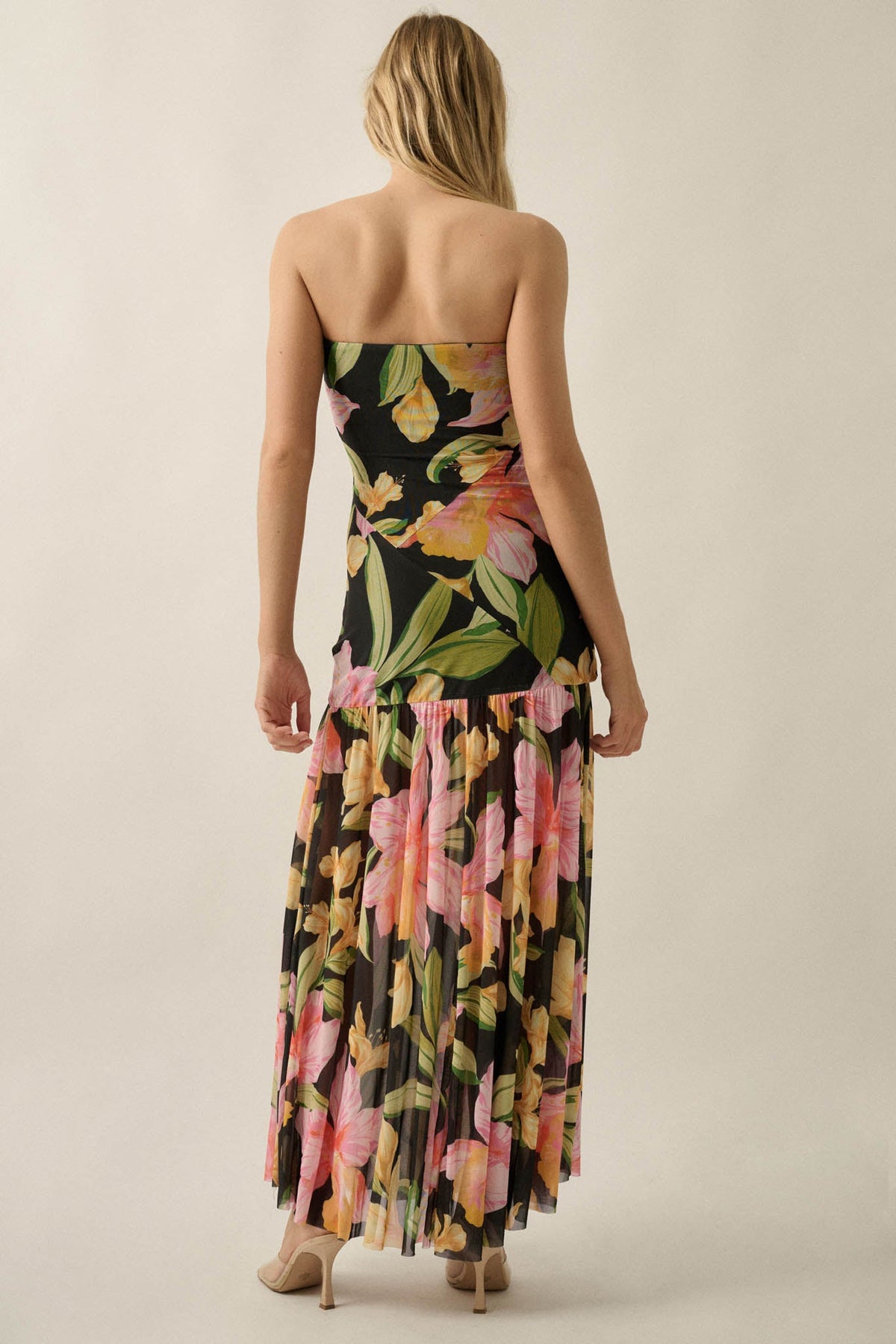 Opulent Blossoms Floral Mesh Strapless Maxi Dress