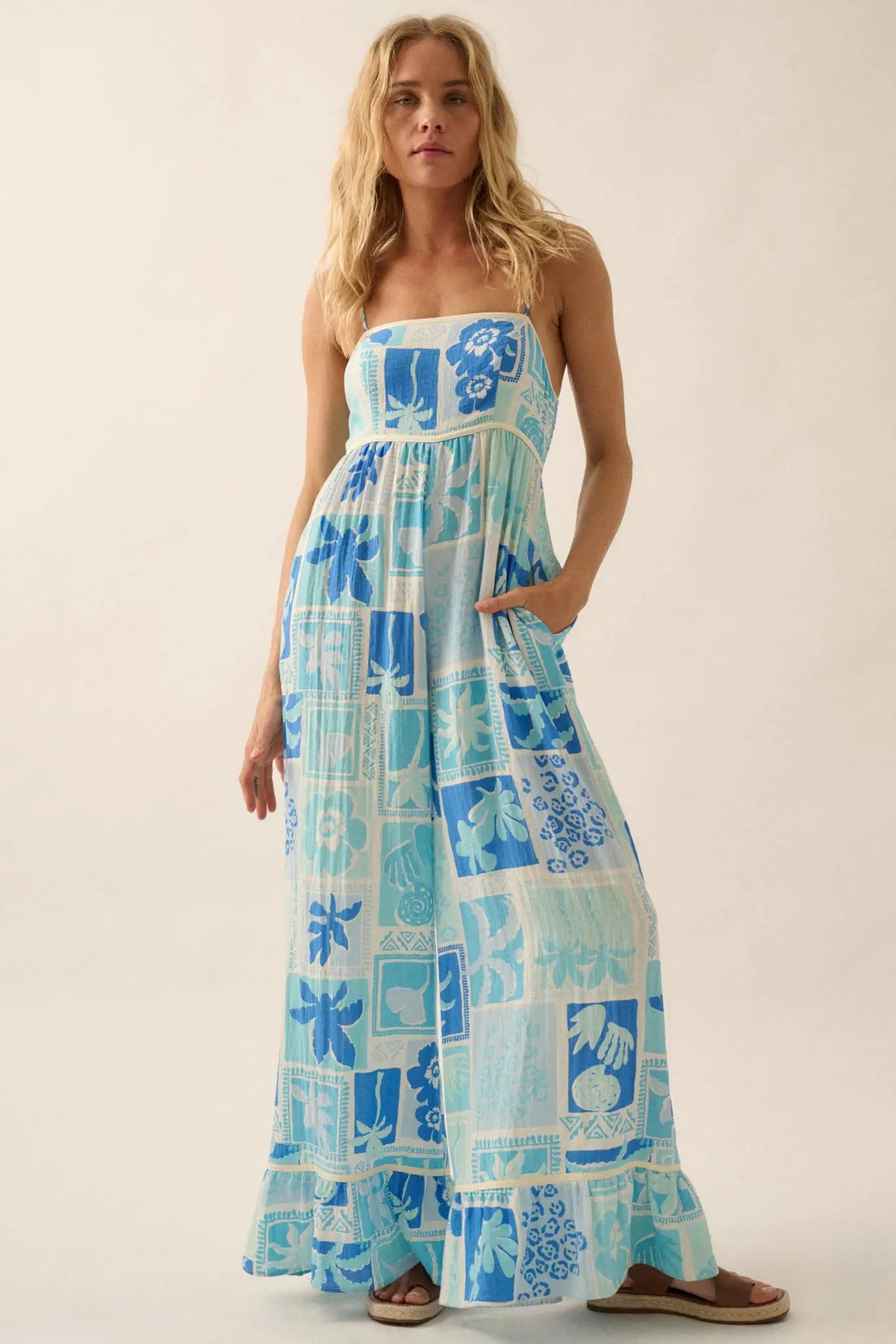 Escape Plan Tropical Floral Ruffle-Hem Jumpsuit
