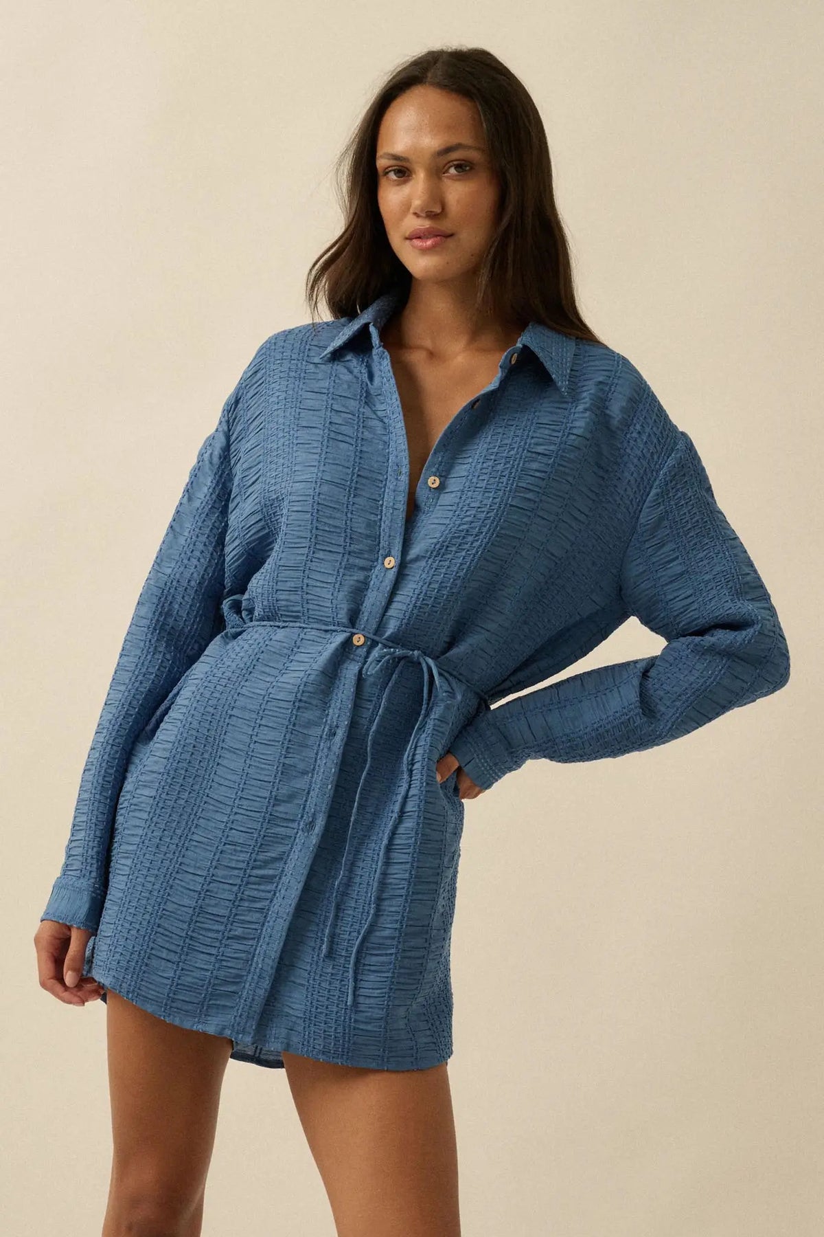 Perfect Day Smocked Button-Up Belted Shirt Romper