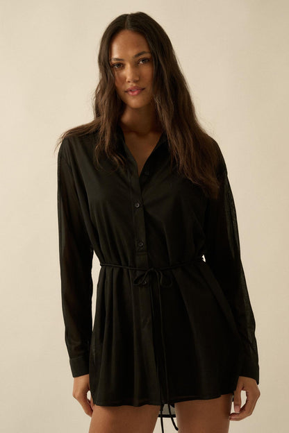 After Hours Ribbed Mesh Belted Shirt Romper