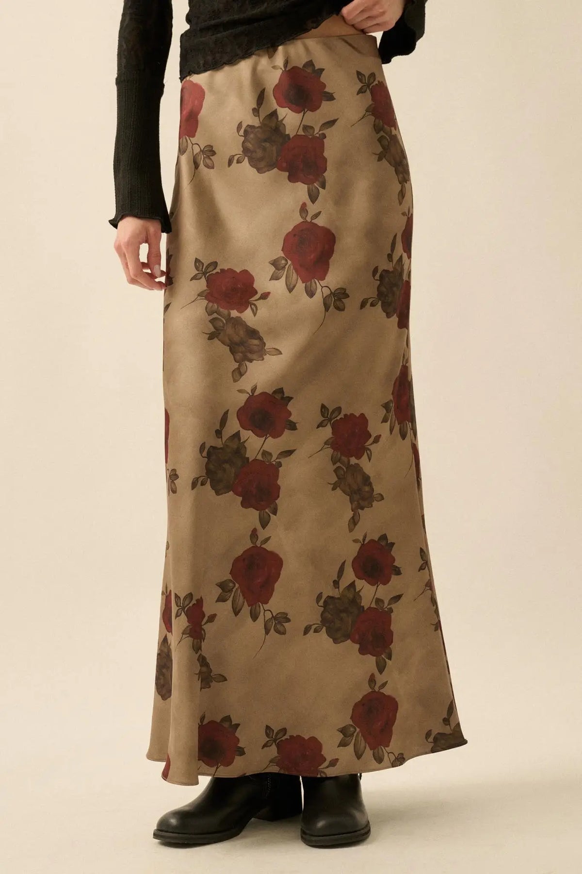 Days of Beauty Bias-Cut Floral Satin Maxi Skirt