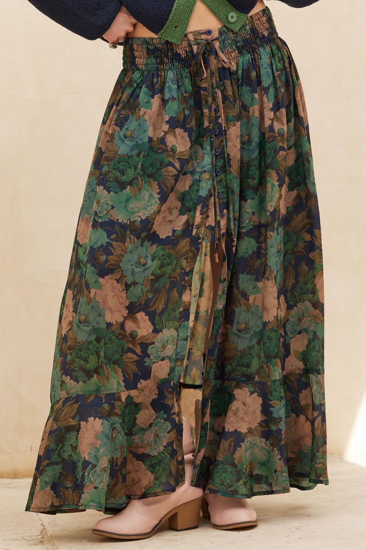 Pretty Potpourri Floral Button-Front Maxi Skirt