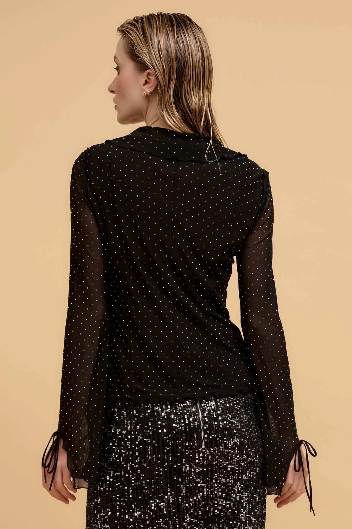 Falling Stars Studded Mesh Tie-Front Top