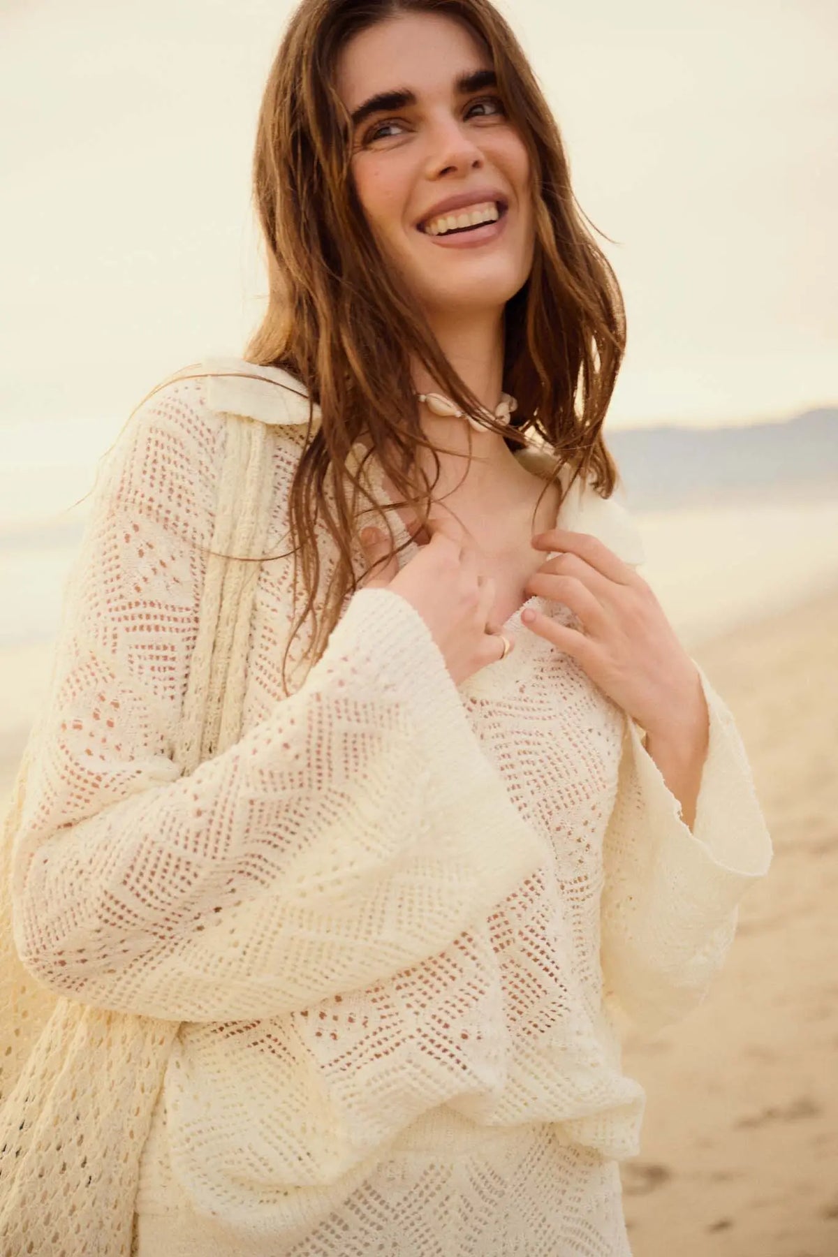 Diamond Dream Pointelle Crochet-Knit Polo Sweater