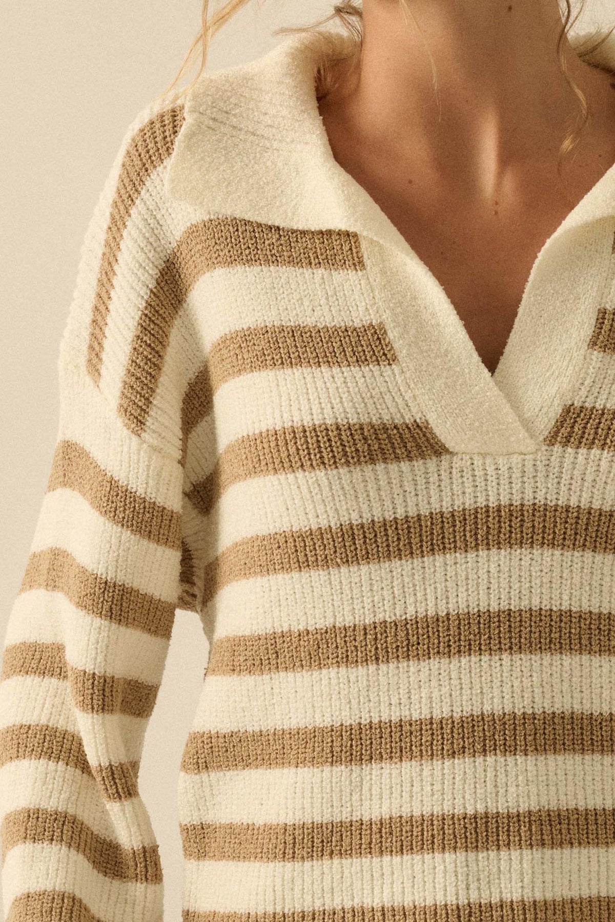 Promise the Label Striped Rib-Knit Collared Sweater
