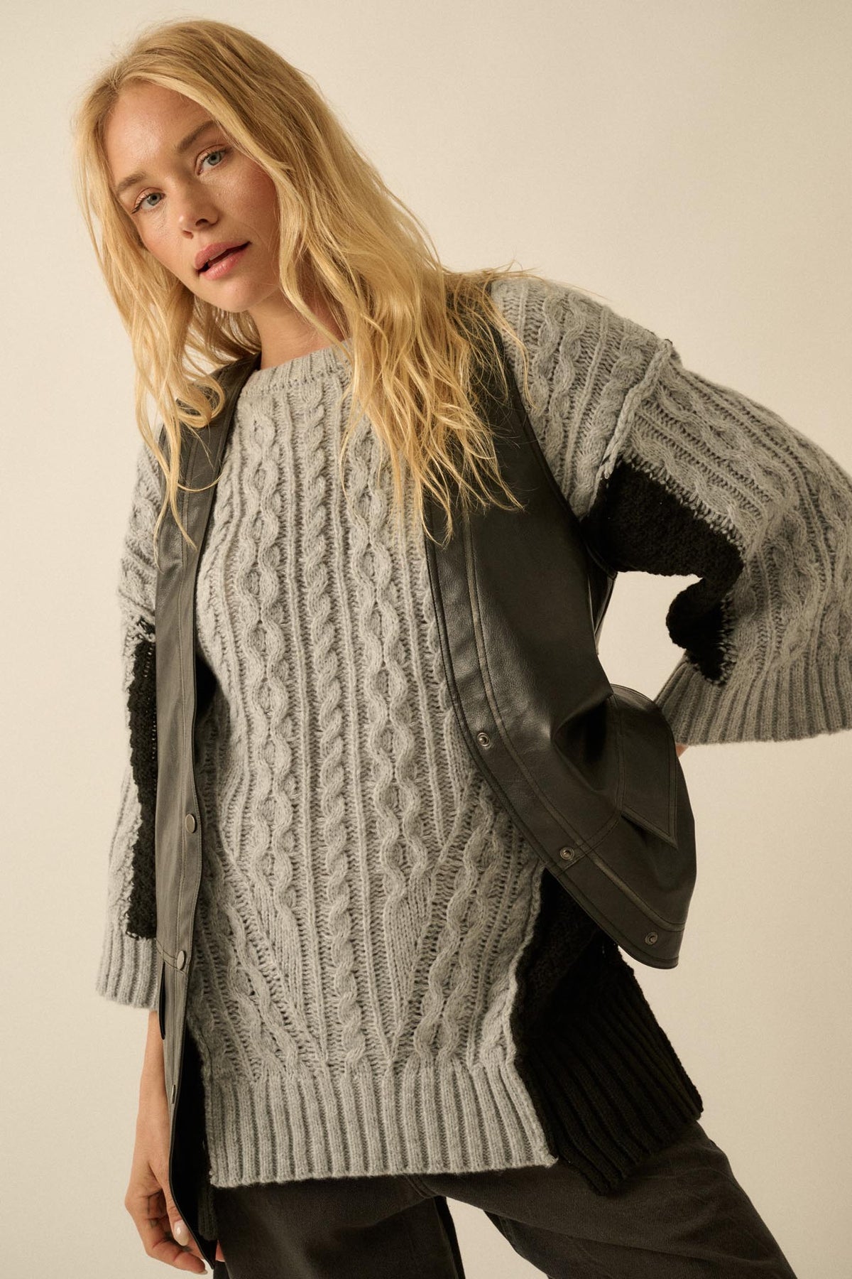 So Together Colorblock Cable Knit Oversize Sweater