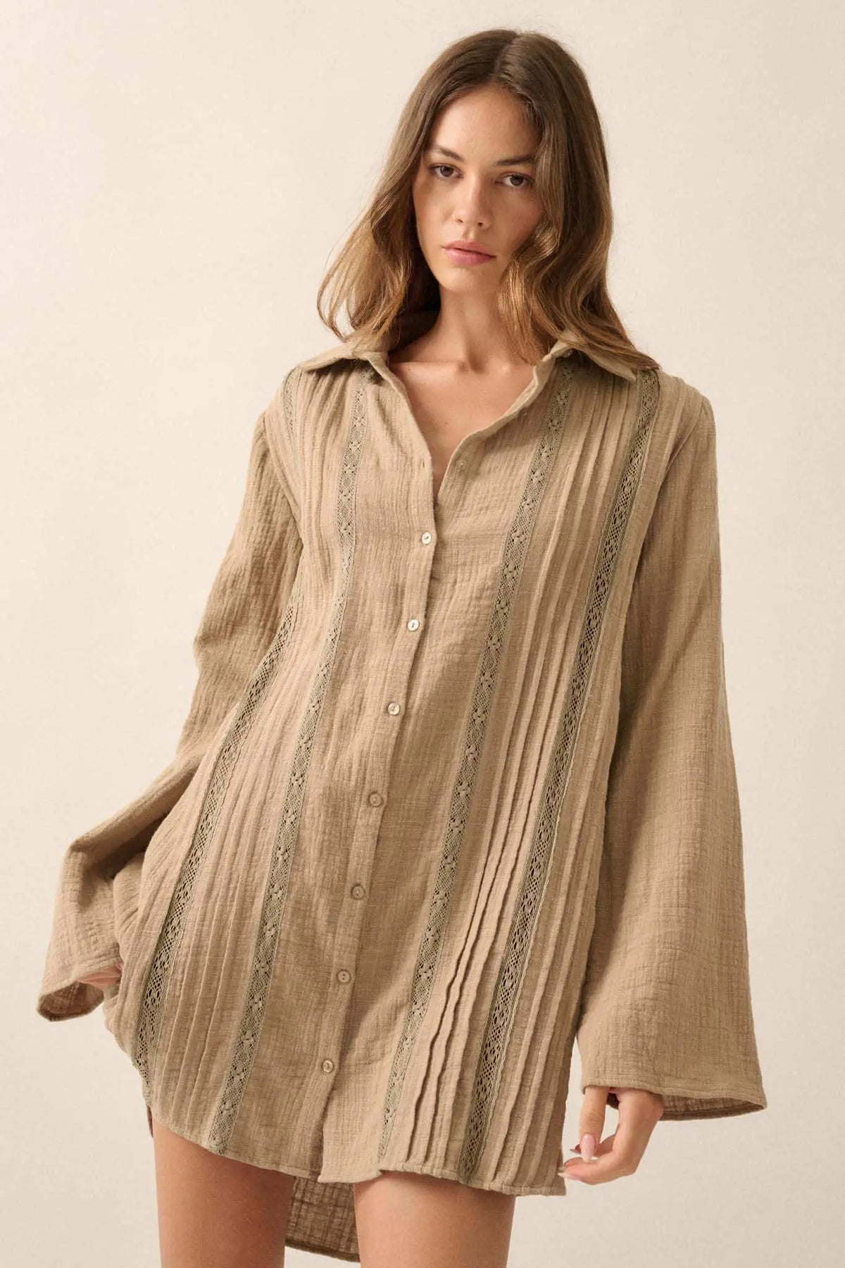 Free to Be Pleated Lace-Trim Mini Shirt Dress