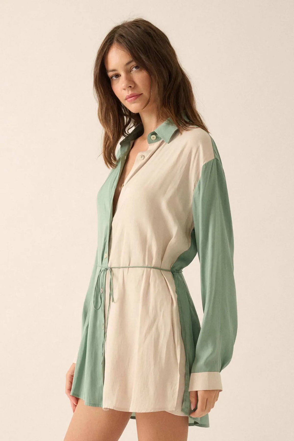 Double Shift Two-Tone Matte Satin Shirt Romper