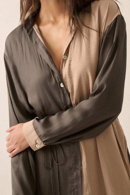 Double Shift Two-Tone Matte Satin Shirt Romper