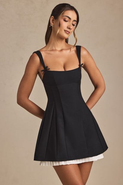Bow-Detail Pleated A-Line Mini Dress in Black