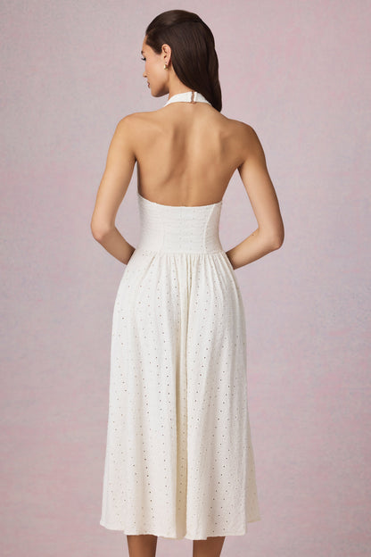Modal Broderie Anglaise Halterneck Midaxi Dress in White