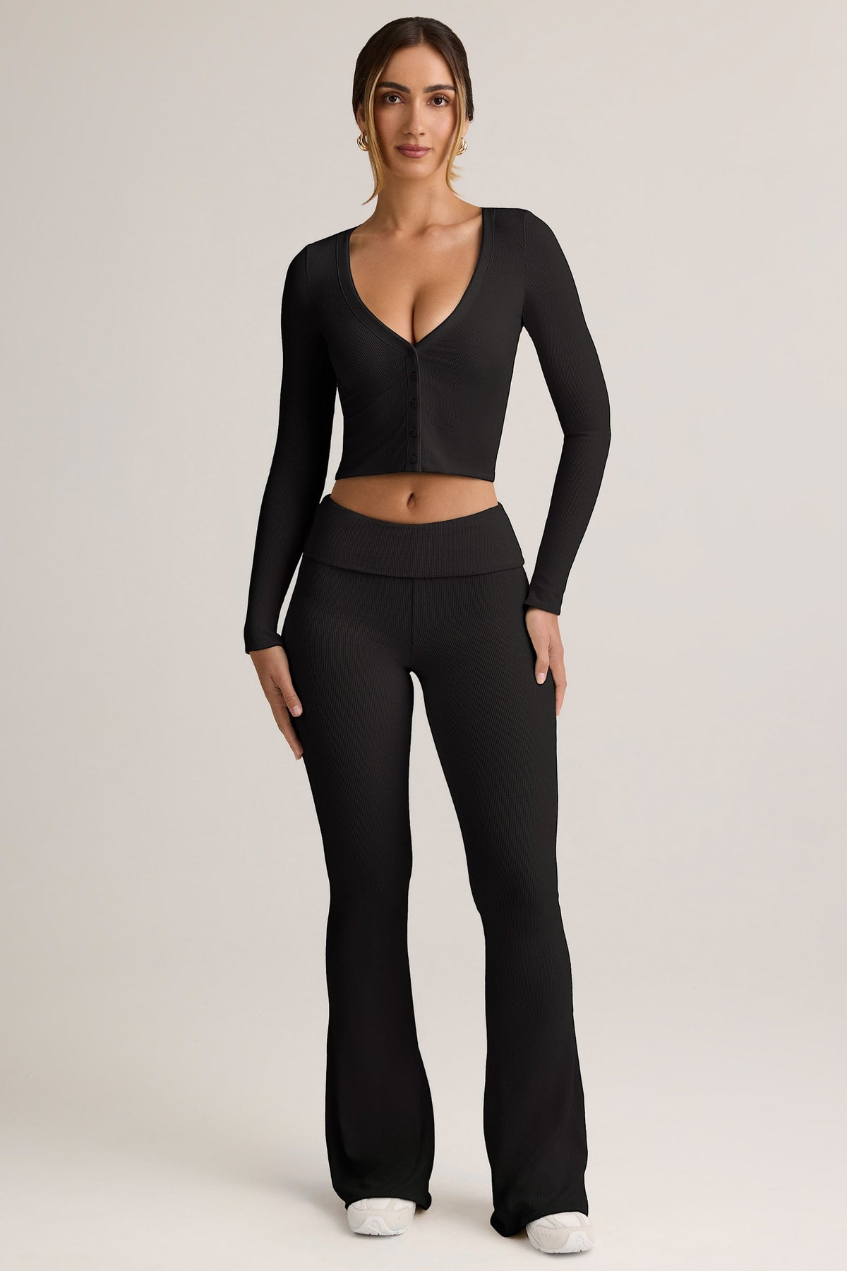 Modal Ribbed Foldover Flared Trousers in Black
