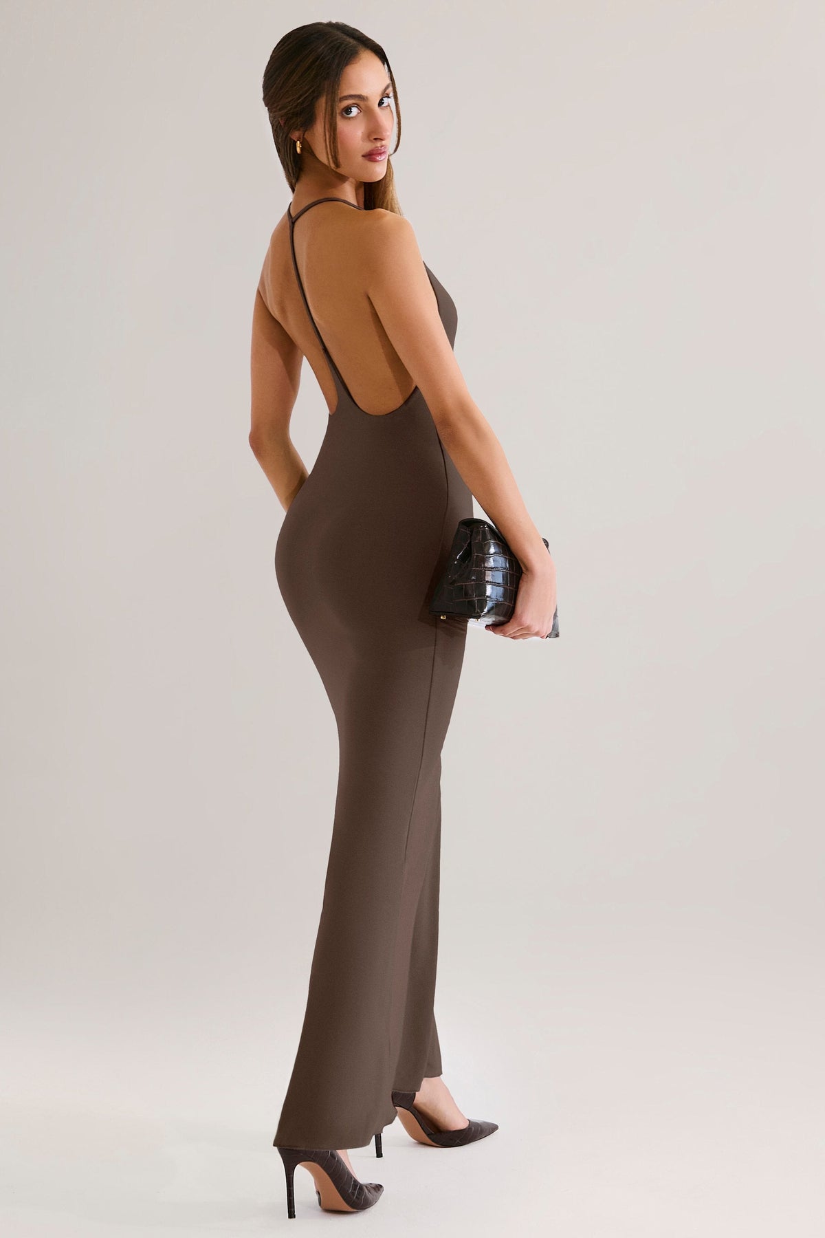 Modal Plunge Backless Maxi Dress in Chocolate Brown