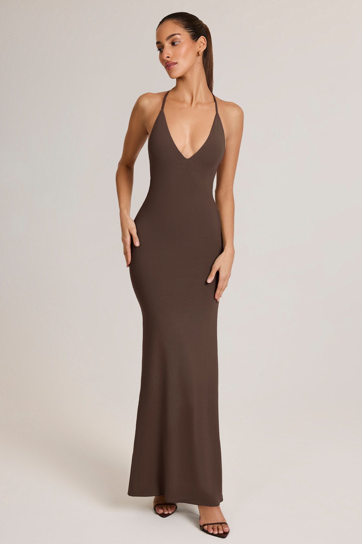 Modal Plunge Backless Maxi Dress in Chocolate Brown