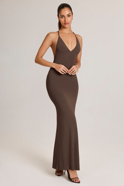 Modal Plunge Backless Maxi Dress in Chocolate Brown