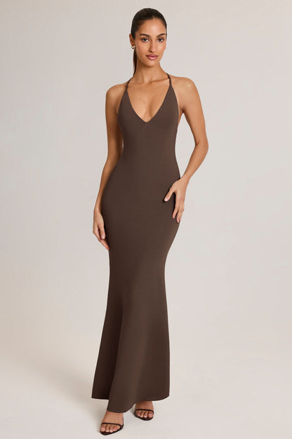 Modal Plunge Backless Maxi Dress in Chocolate Brown
