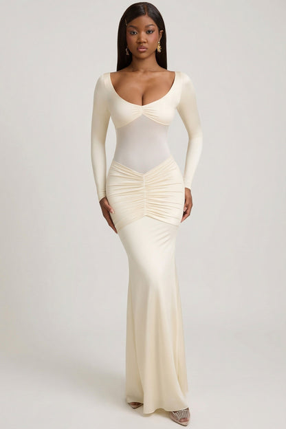 Bow-Detail Ruched Maxi Dress in Ivory